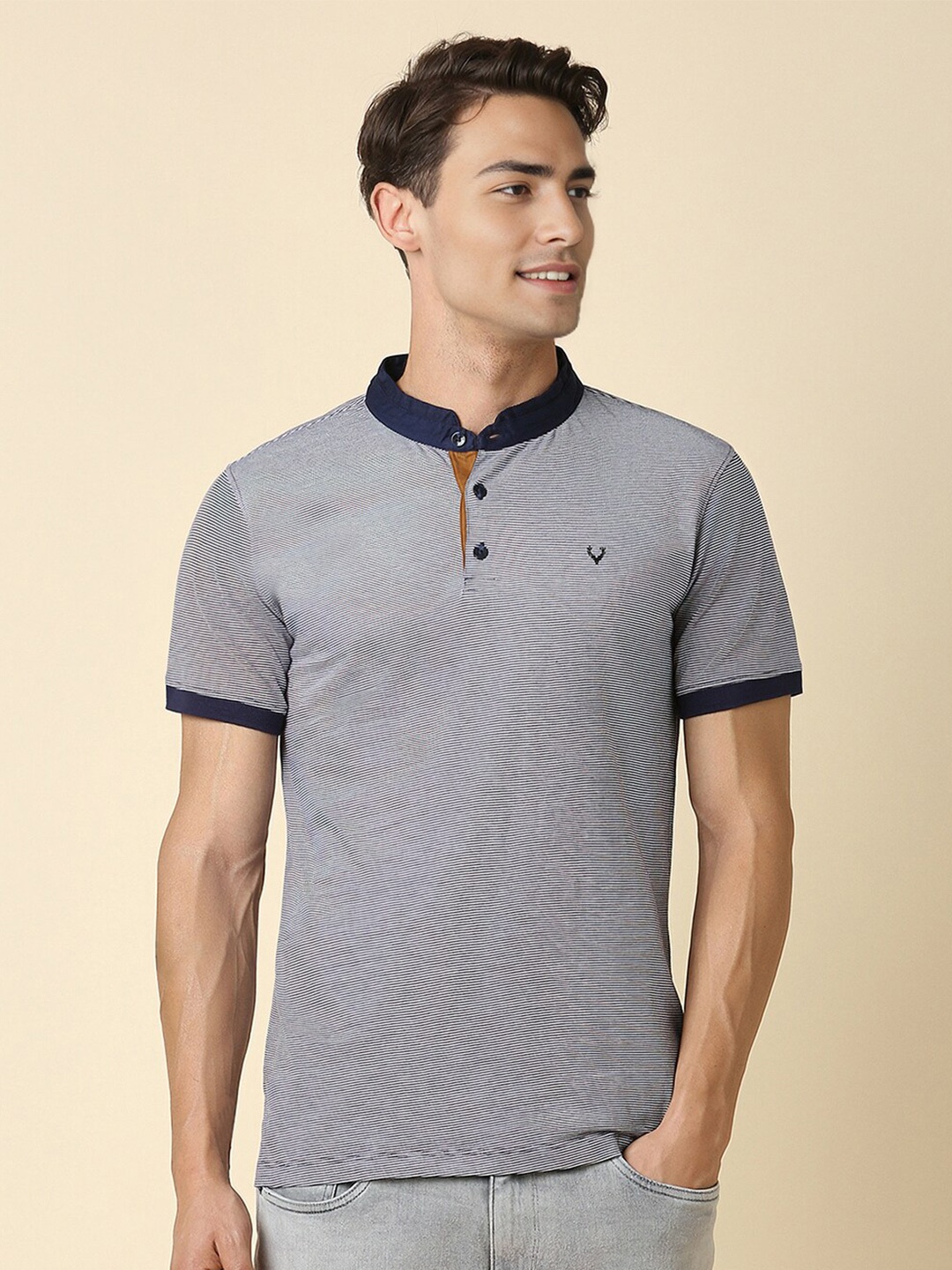 

Allen Solly Self Design Henley Neck Slim Fit Cotton T-shirt, Grey