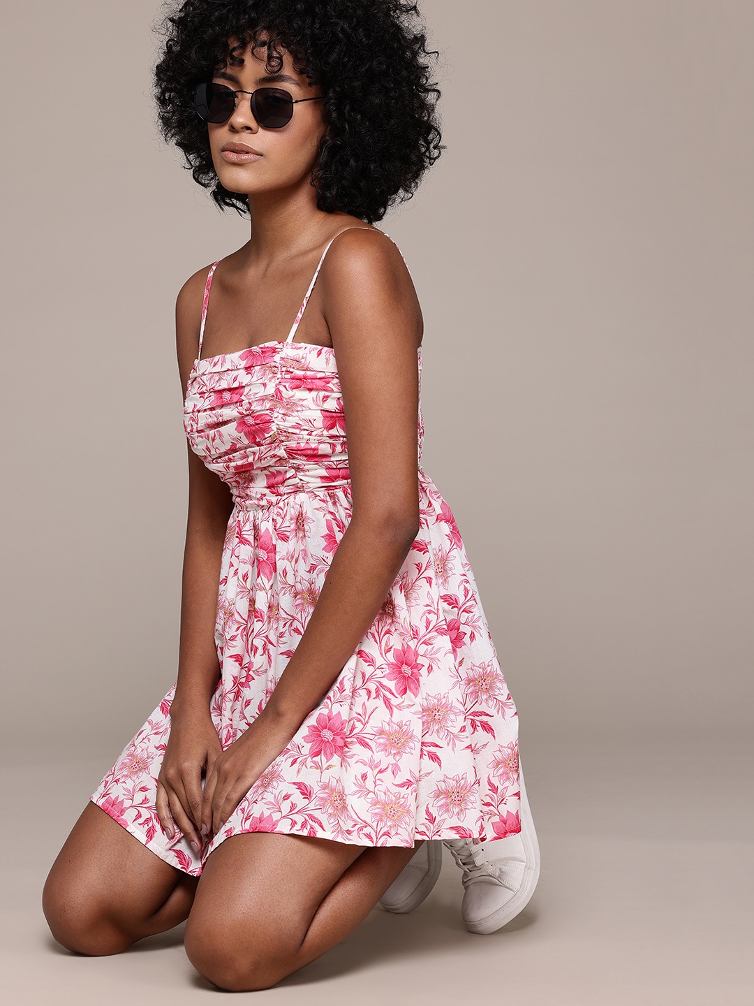 

Roadster Floral Print Smocked Pure Cotton Fit & Flare Mini Dress, Pink