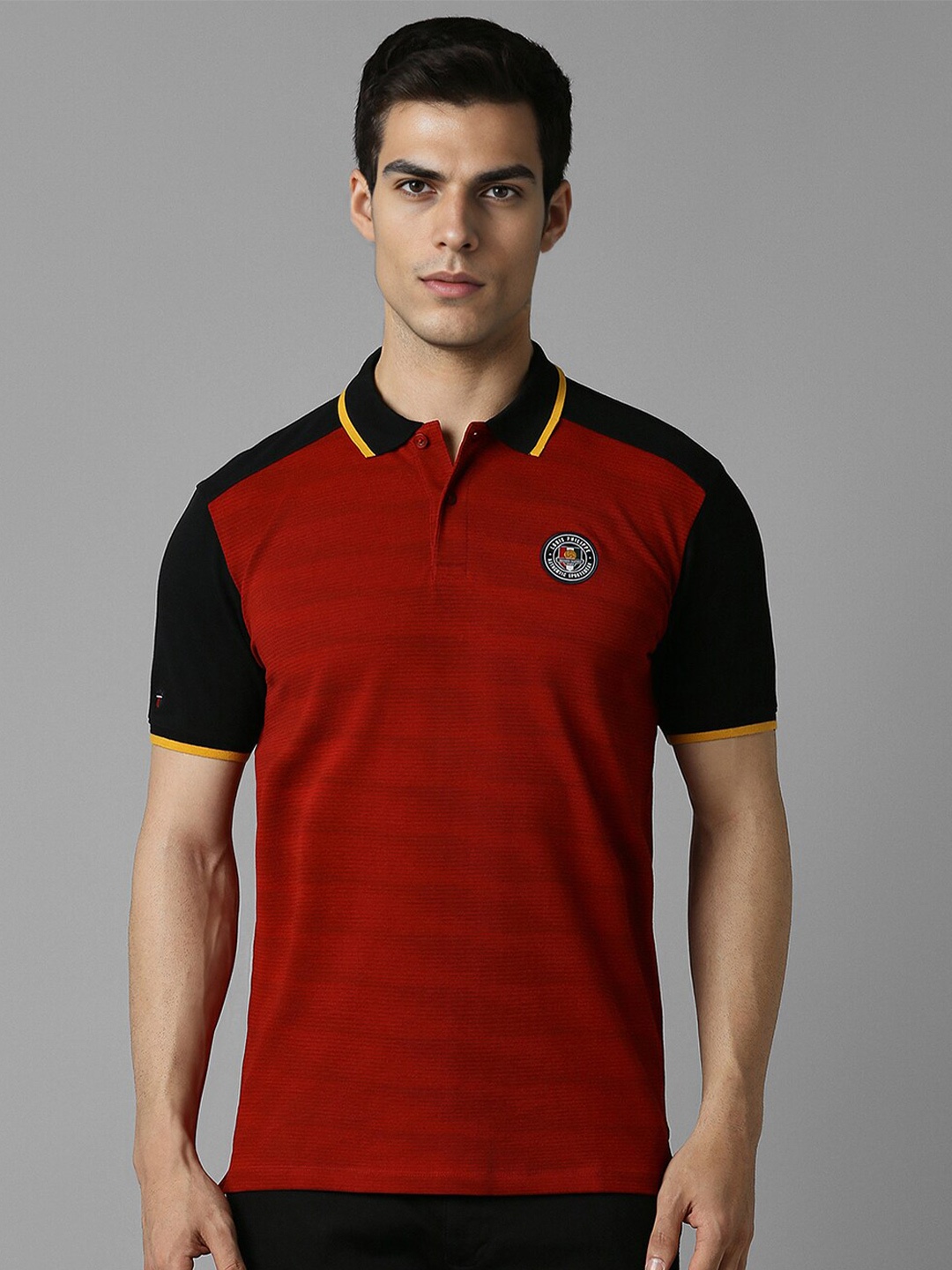 

Louis Philippe Sport Colourblocked Polo Collar Applique Slim Fit T-shirt, Red