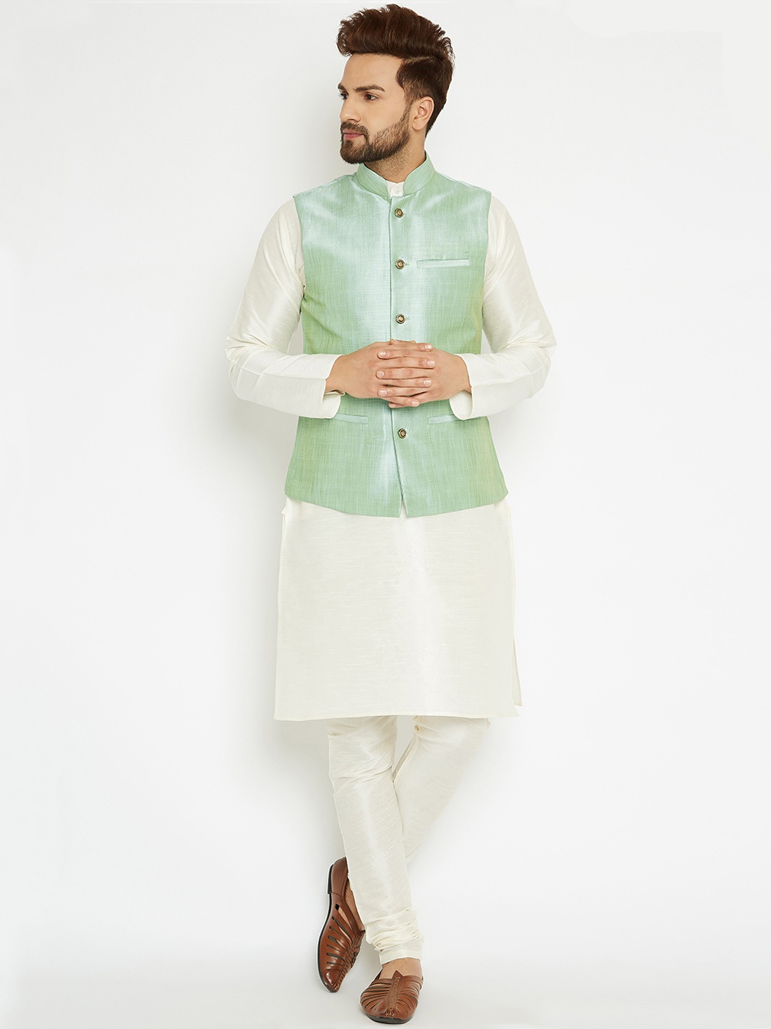 

SOJANYA Men Cream-Coloured & Lime Green Solid Kurta with Pyjamas & Nehru Jacket
