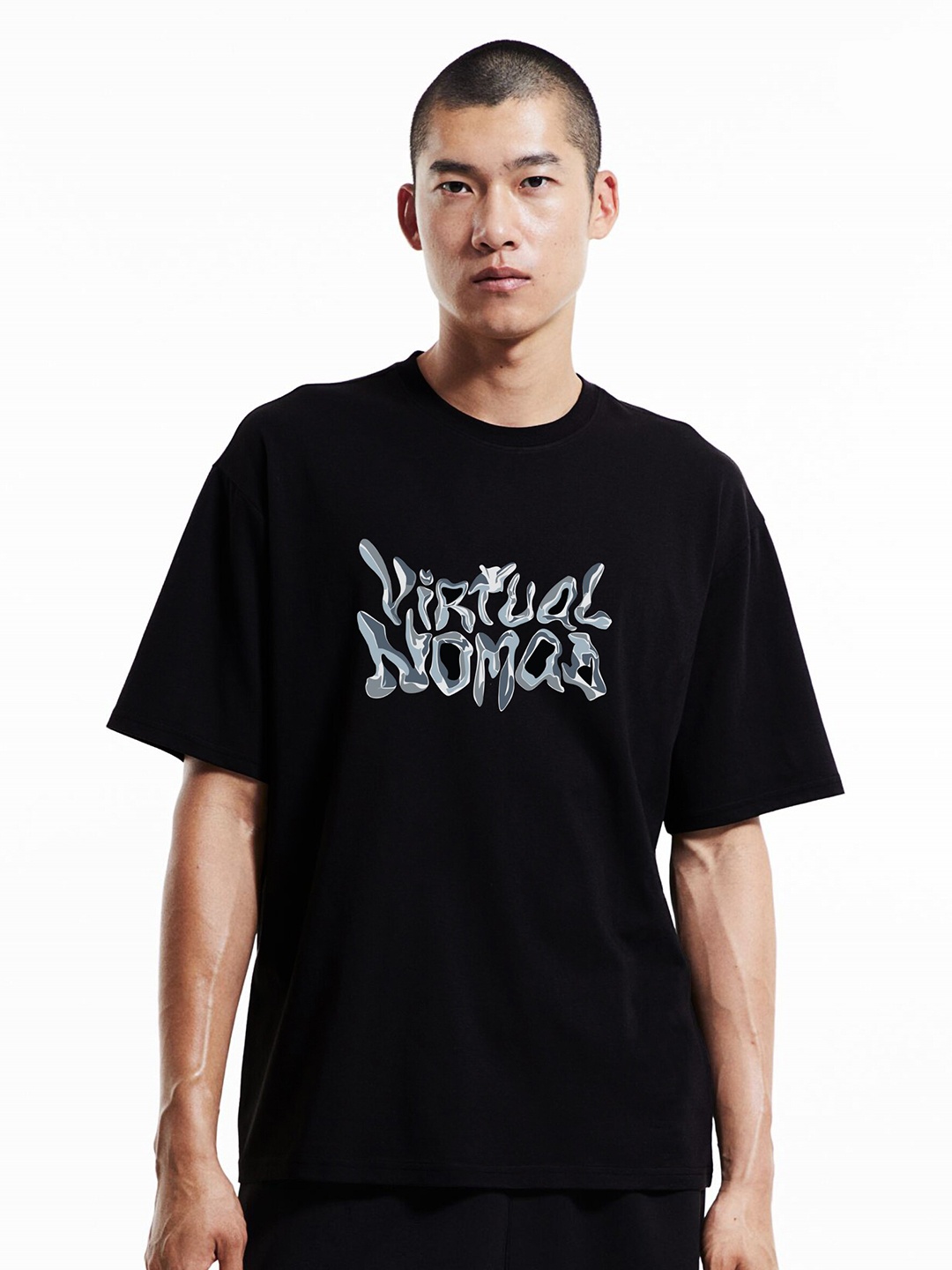 MISCHIEF MONKEY Printed Round Neck Oversized T-shirt, Black