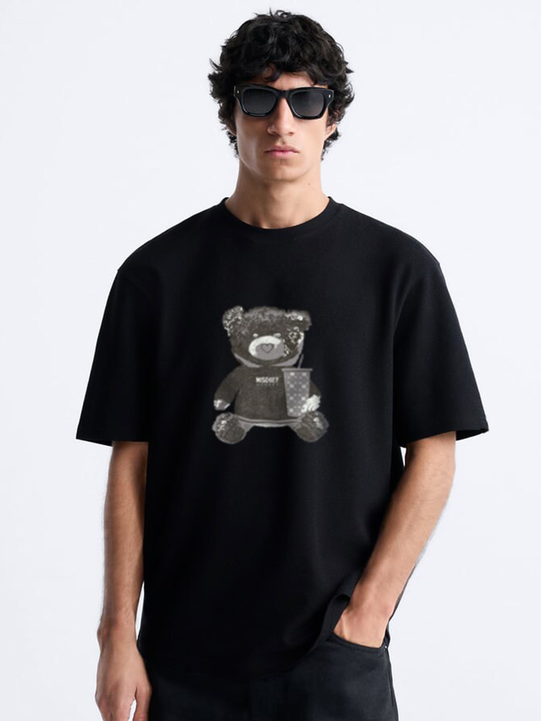 

MISCHIEF MONKEY Round Neck Graphic Printed Cotton Oversized T-shirt, Black