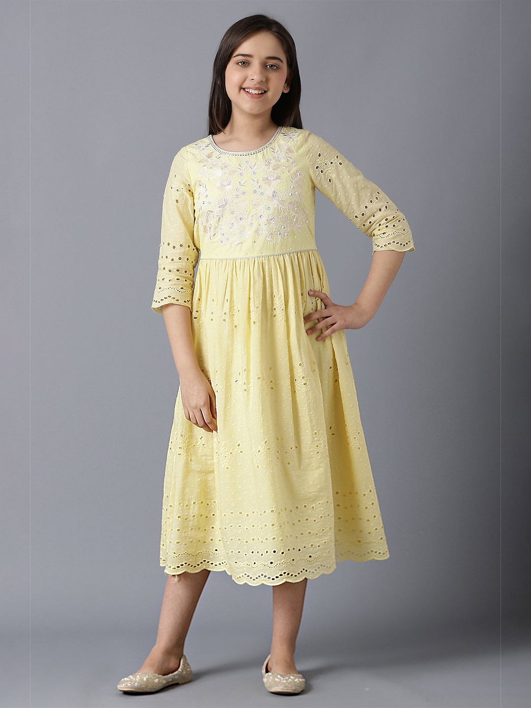 

AURELIA Girls Floral Embroidered Gathered A-Line Midi Dress, Yellow