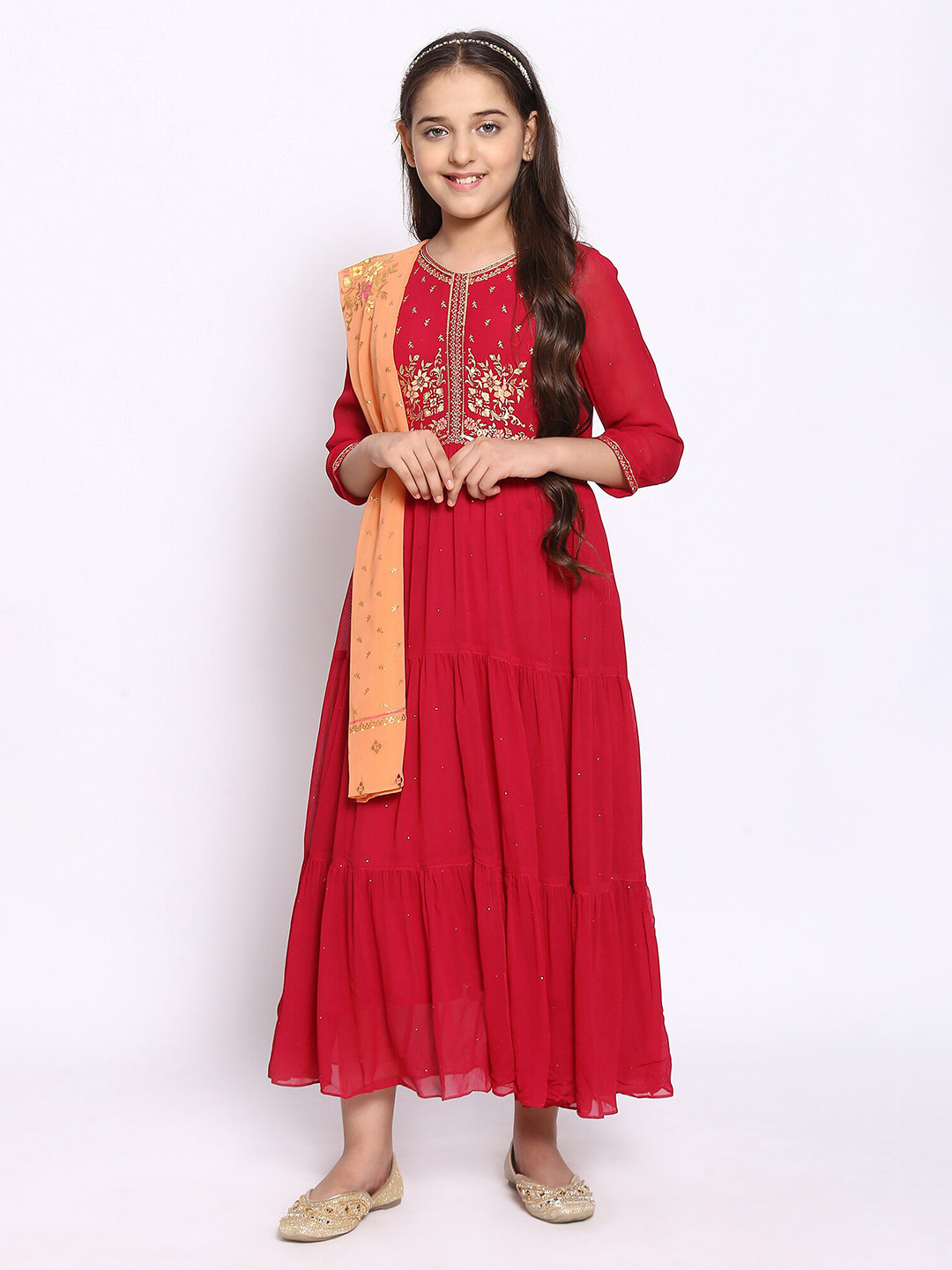 

AURELIA Girls Round Neck Three-Quarter Sleeves Maxi Casual Dress With Dupatta, Pink