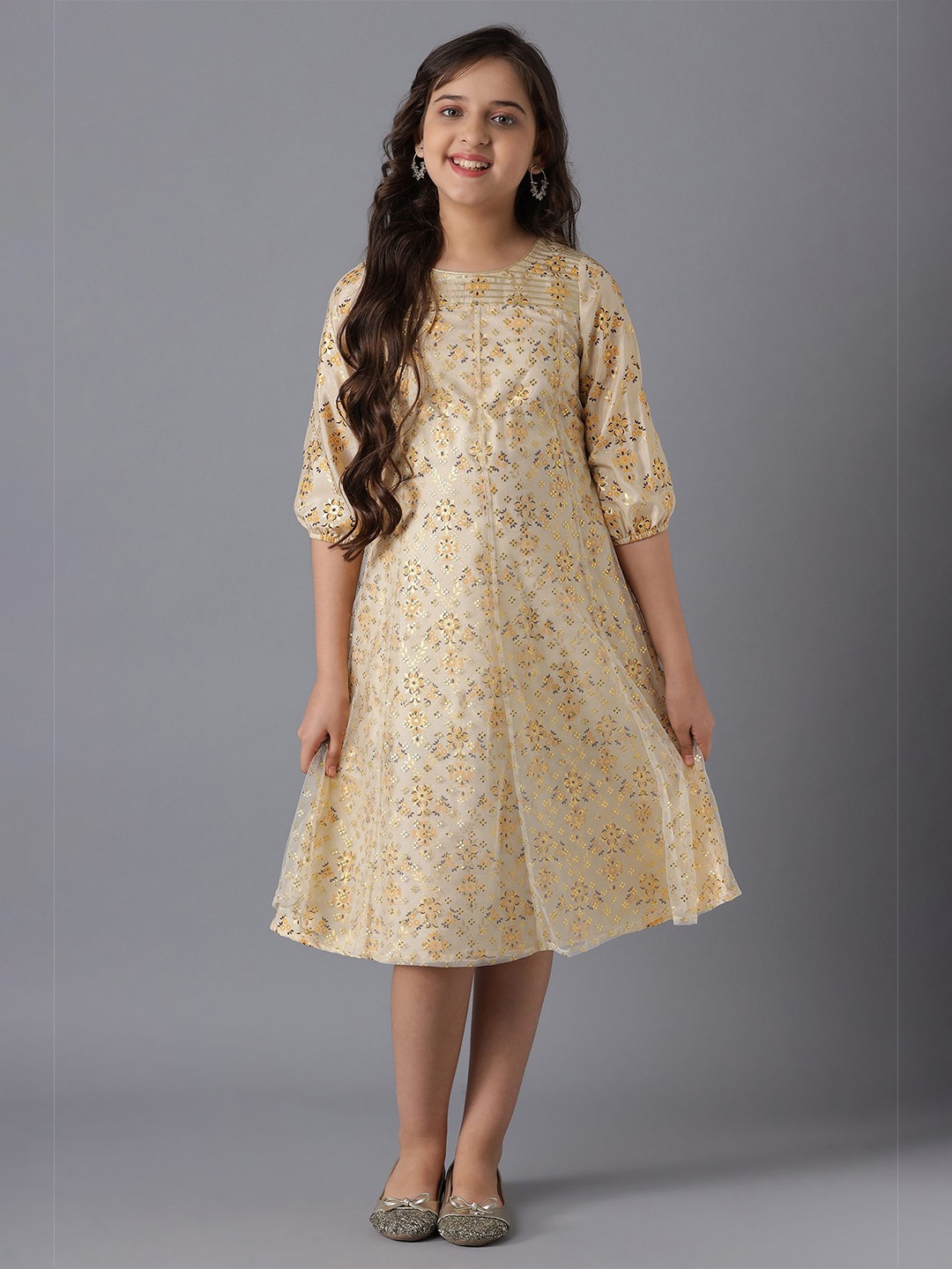

AURELIA Girls Floral Print Net A-Line Midi Dress, White
