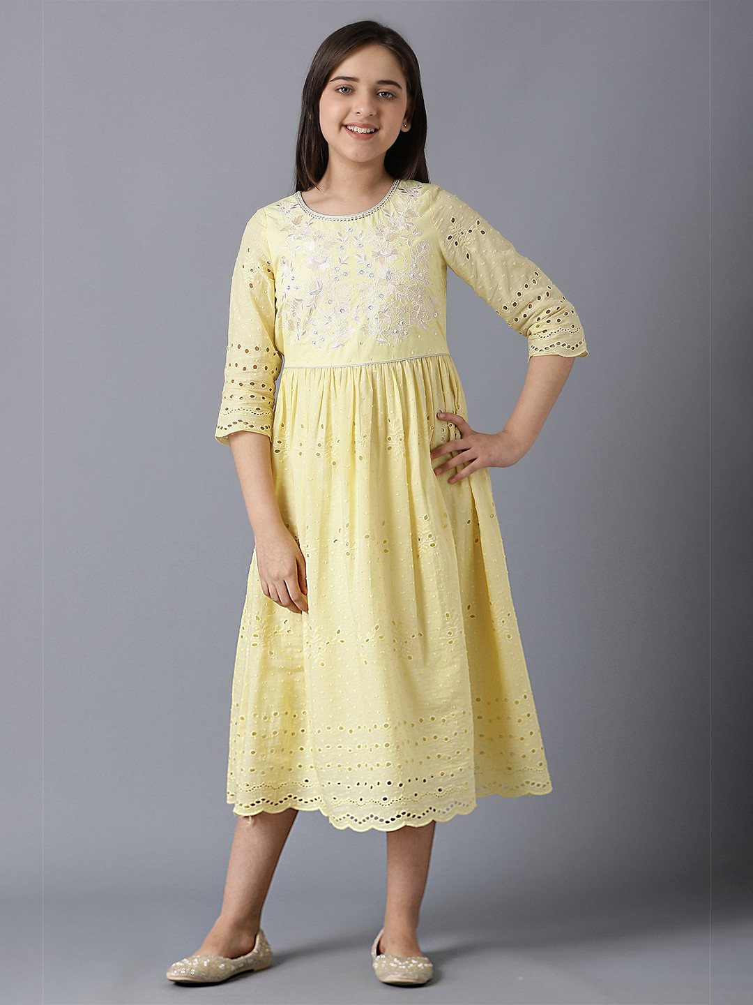 

AURELIA Girls Ethnic Motifs A-Line Midi Dress, Yellow