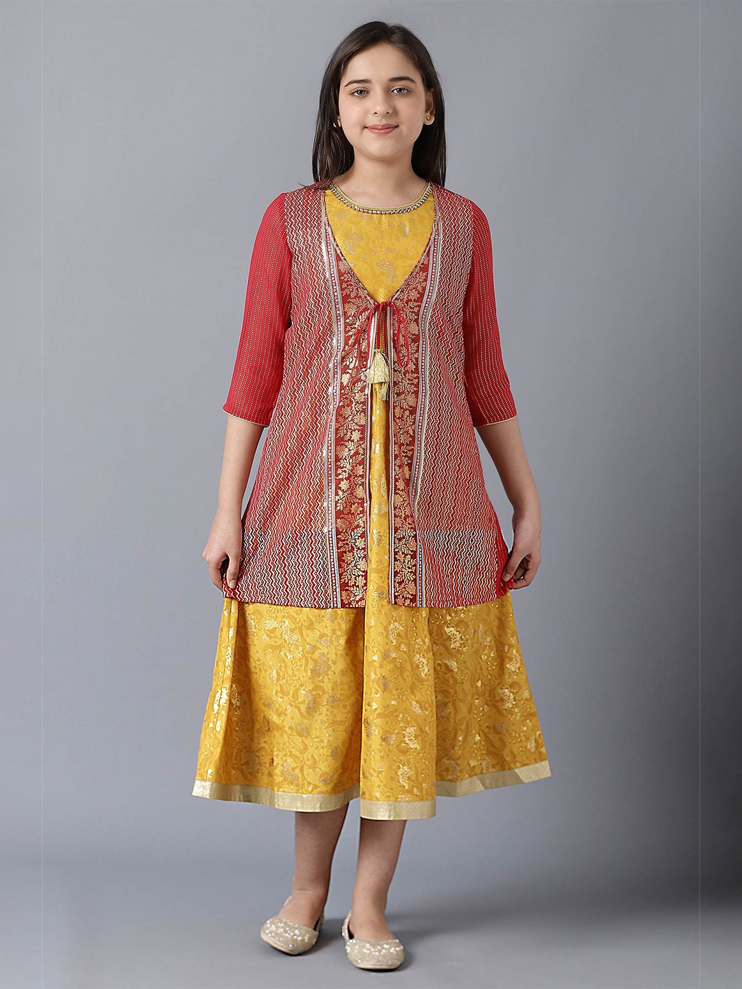 

AURELIA Girls Ethnic Motifs Printed Round Neck Embroidered A-Line Ethnic Dress, Red