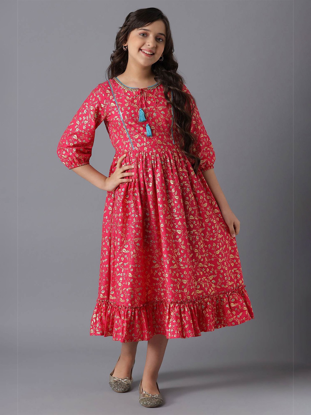 

AURELIA Girls Ethnic Motifs Print Empire Midi Dress, Pink