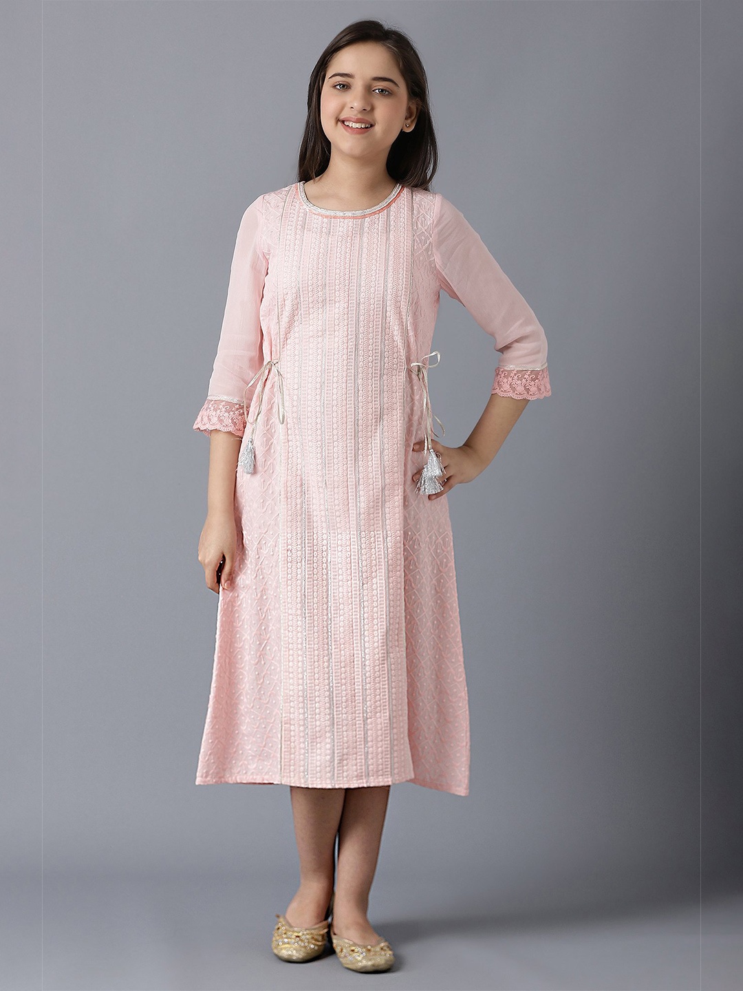 

AURELIA Girls Ethnic Motifs Embroidered Tie Up A-Line Midi Dress, Pink