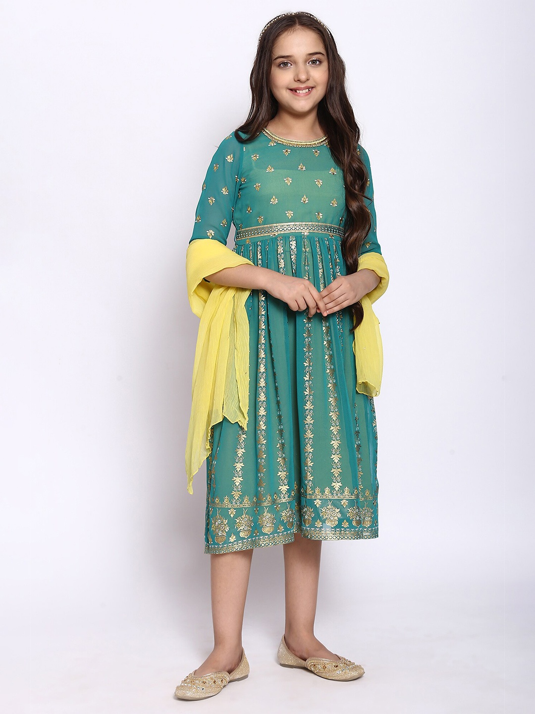 

AURELIA Girls Ethnic Motifs Print Georgette Empire Midi Dress, Green