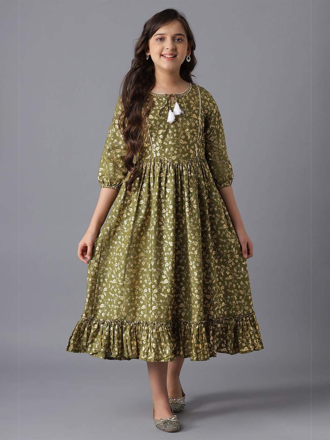 

AURELIA Girls Ethnic Motifs Print Tie-Up Neck Empire Midi Dress, Green