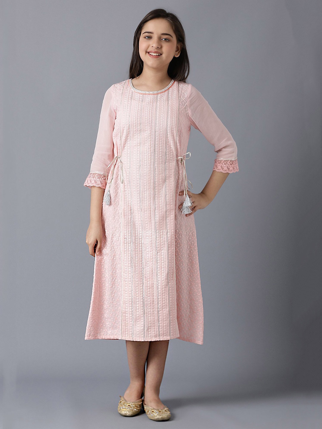 

AURELIA Girls Floral Embroidered Round Neck Tie-Ups A-Line Midi Ethnic Dress, Pink