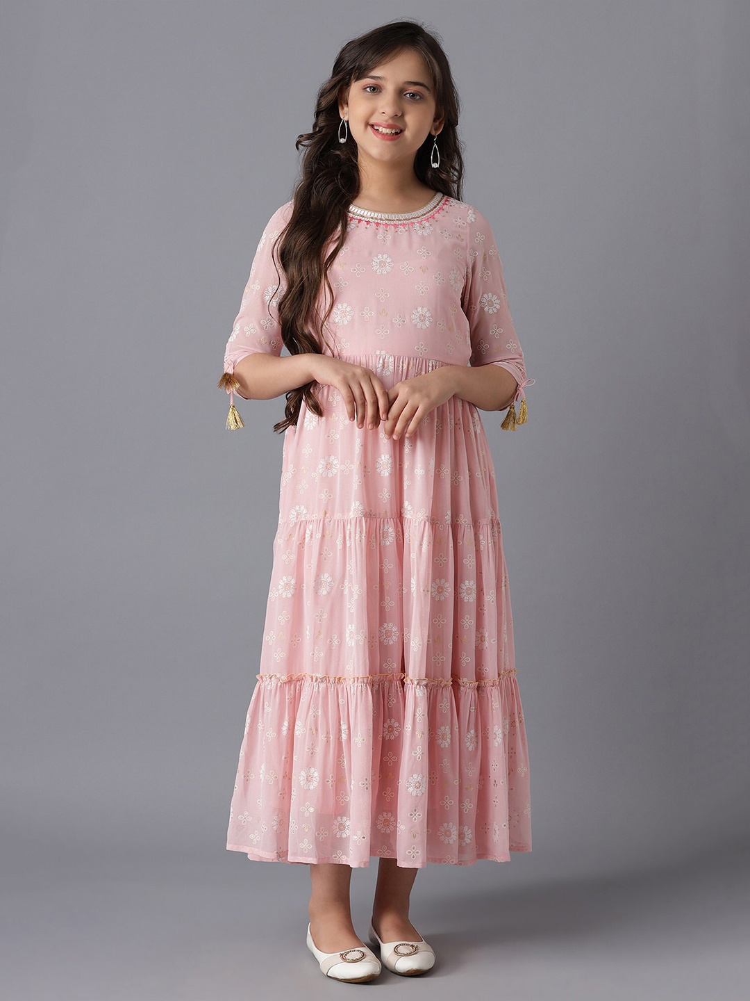 

AURELIA Girls Ethnic Motifs Print Bell Sleeves A-Line Maxi Dress, Pink