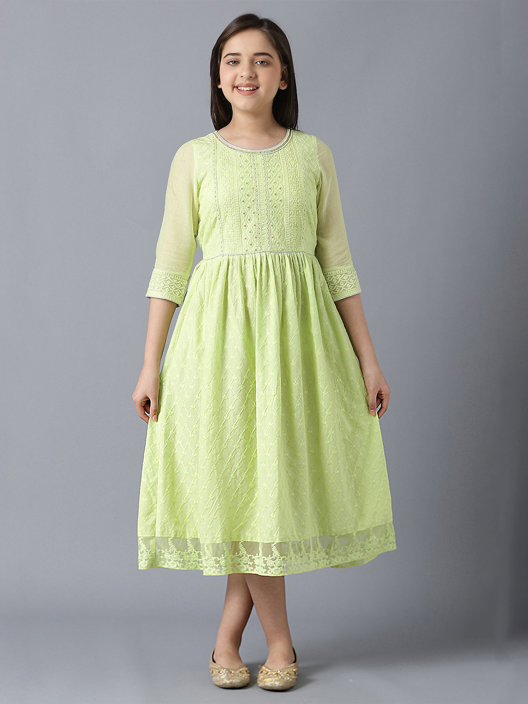 

AURELIA Girls Floral Embroidered Round Neck Gathered A-Line Midi Ethnic Dress, Green