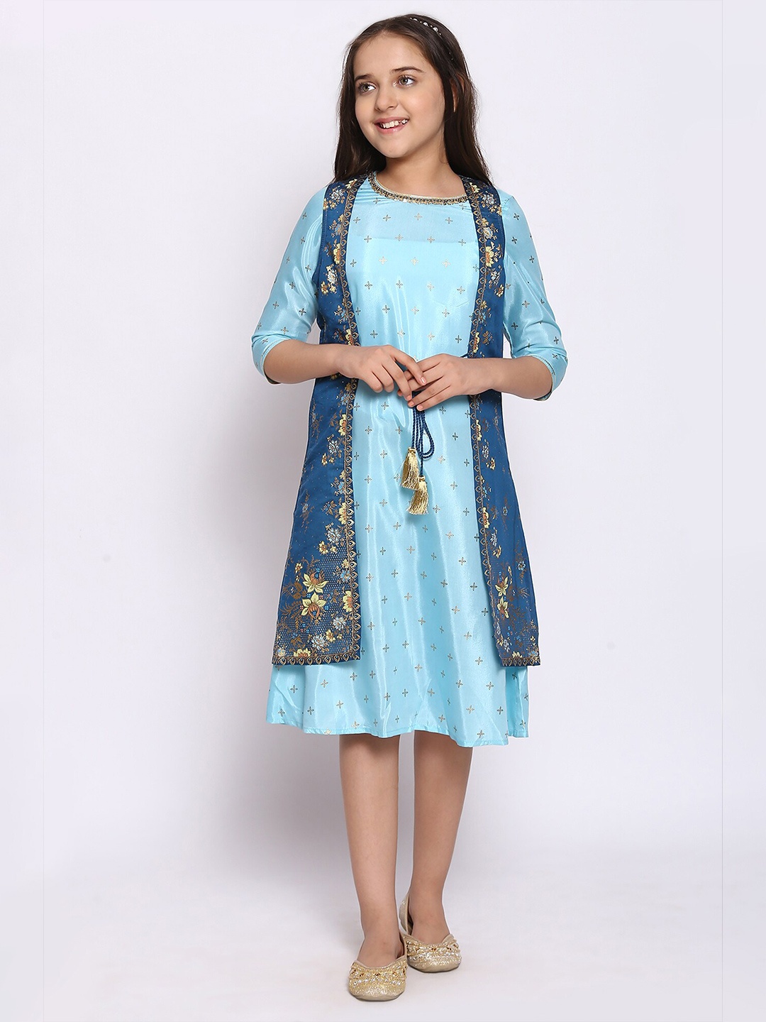 

AURELIA Girls Ethnic Motifs Printed Round Neck Embroidered A-Line Ethnic Dress, Blue