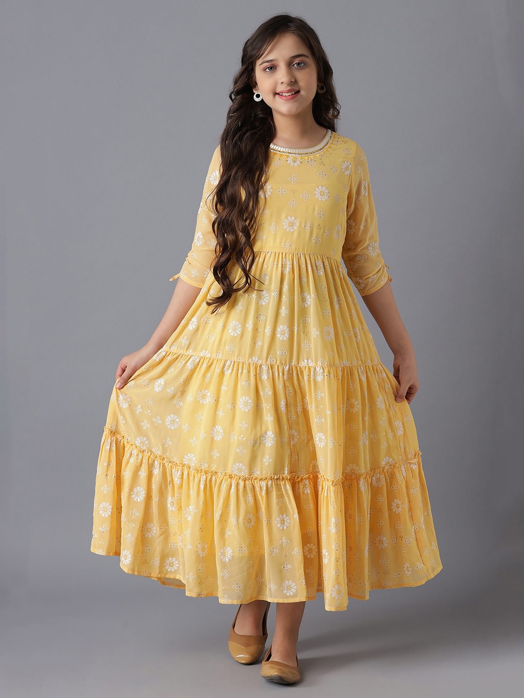 

AURELIA Floral Printed Tiered Georgette Maxi Dress, Yellow