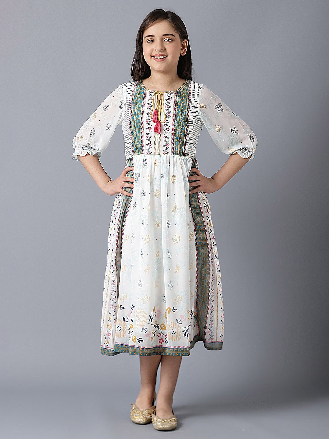 

AURELIA Girls Ethnic Motifs Print Georgette Round Neck Bell Sleeve A-Line Midi Dress, White