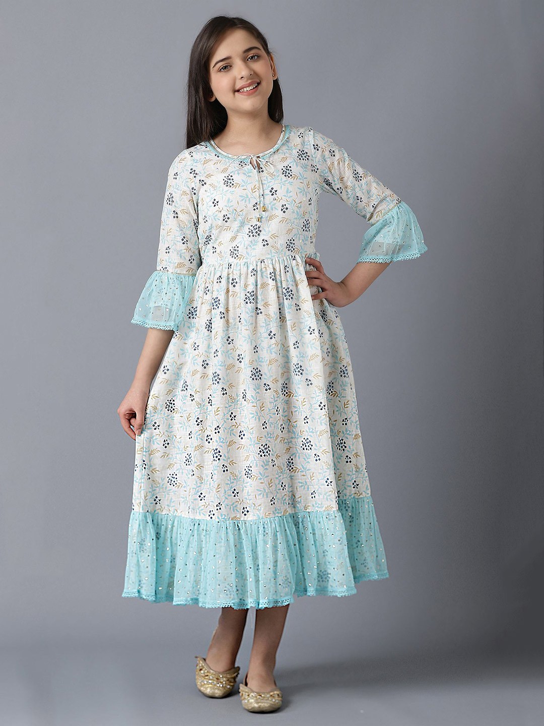 

AURELIA Girls Floral Printed Bell Sleeves Pure Cotton Fit & Flare Midi Dress, White