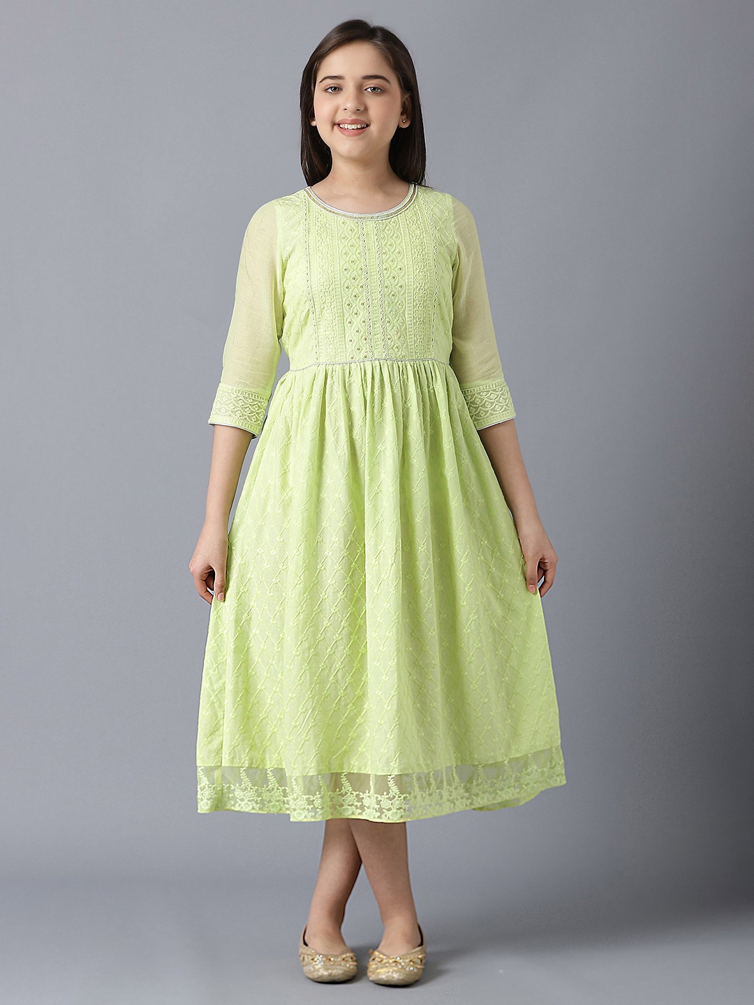 

AURELIA Girls Ethnic Motifs Embroidered Gathered Detailed Fit & Flare Midi Ethnic Dress, Green