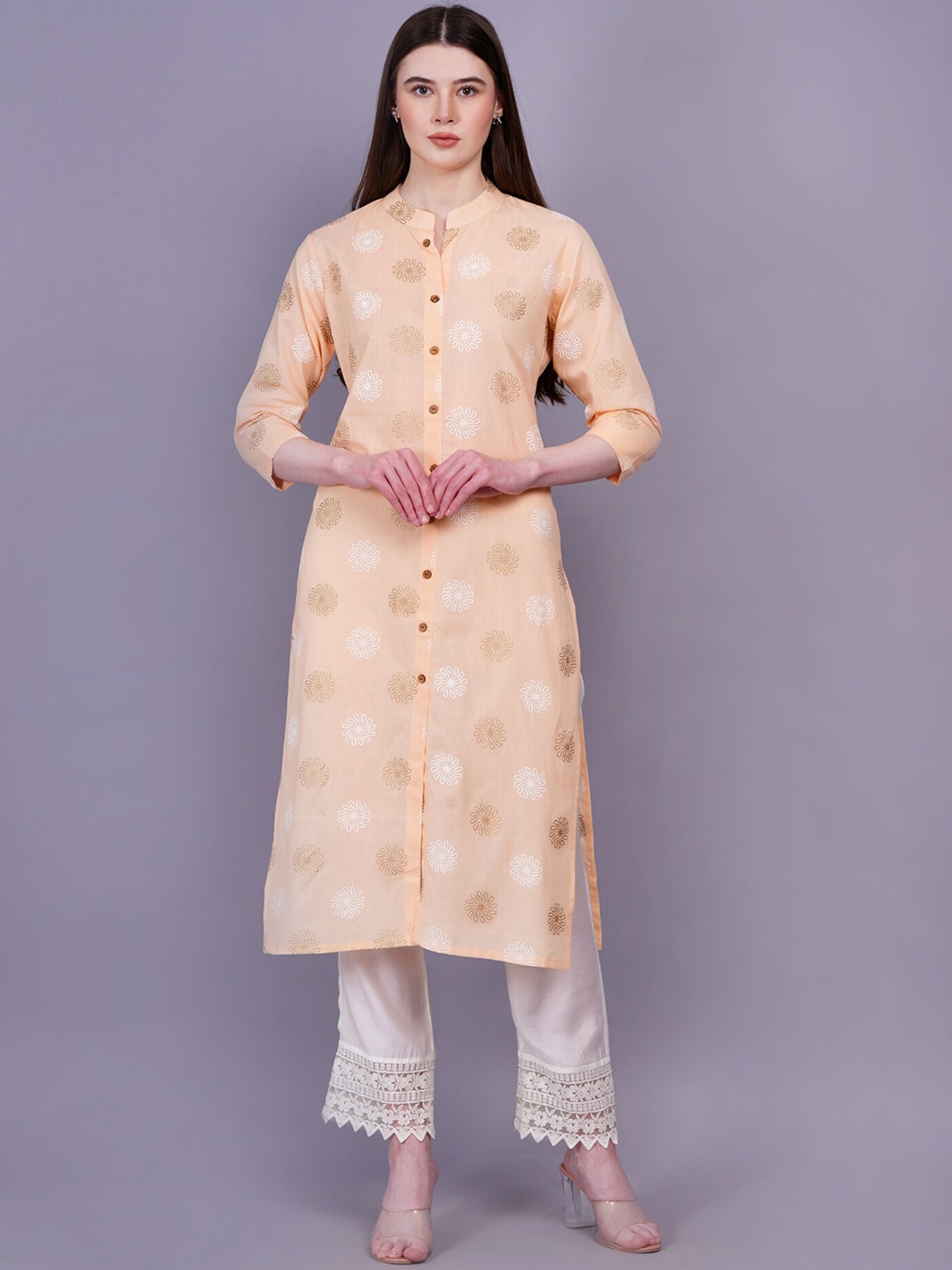 

JC4U Ethnic Motifs Printed Pure Cotton Kurta, Peach