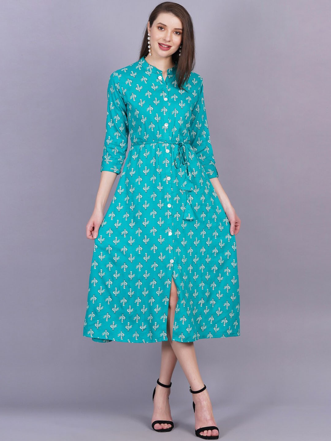 

JC4U Conversational Printed Mandarin Collar Tie-Up Detailed Shirt Dress, Blue