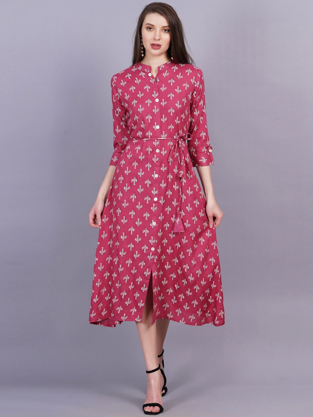 

JC4U Conversational Printed Mandarin Collar Tie-Up Detailed Shirt Dress, Burgundy