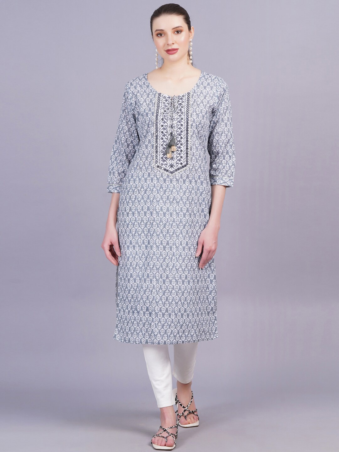 

JC4U Ethnic Motifs Printed Pure Cotton Kurta, Grey