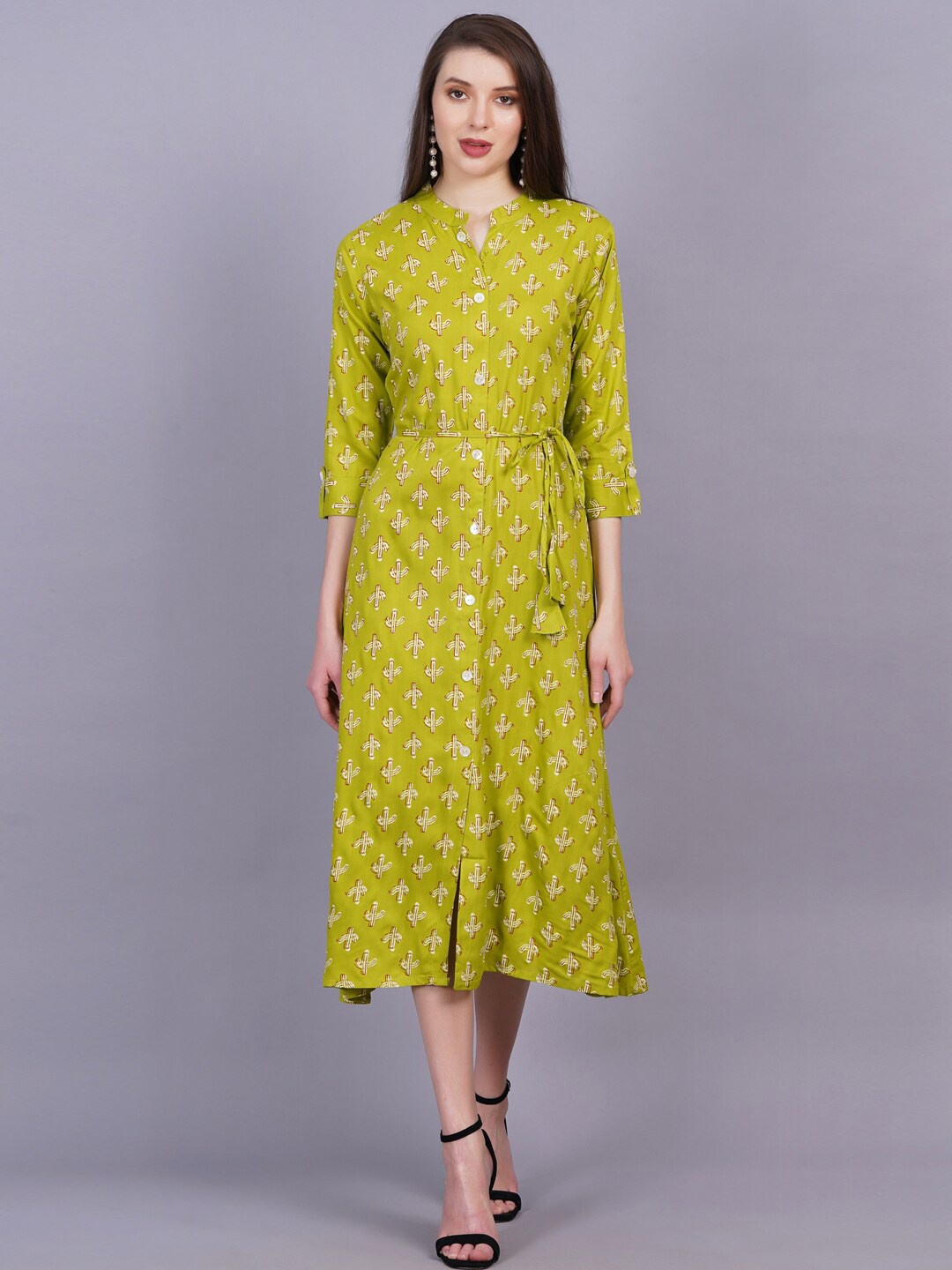 

JC4U Conversational Printed Mandarin Collar Tie-Up Detailed Shirt Dress, Green