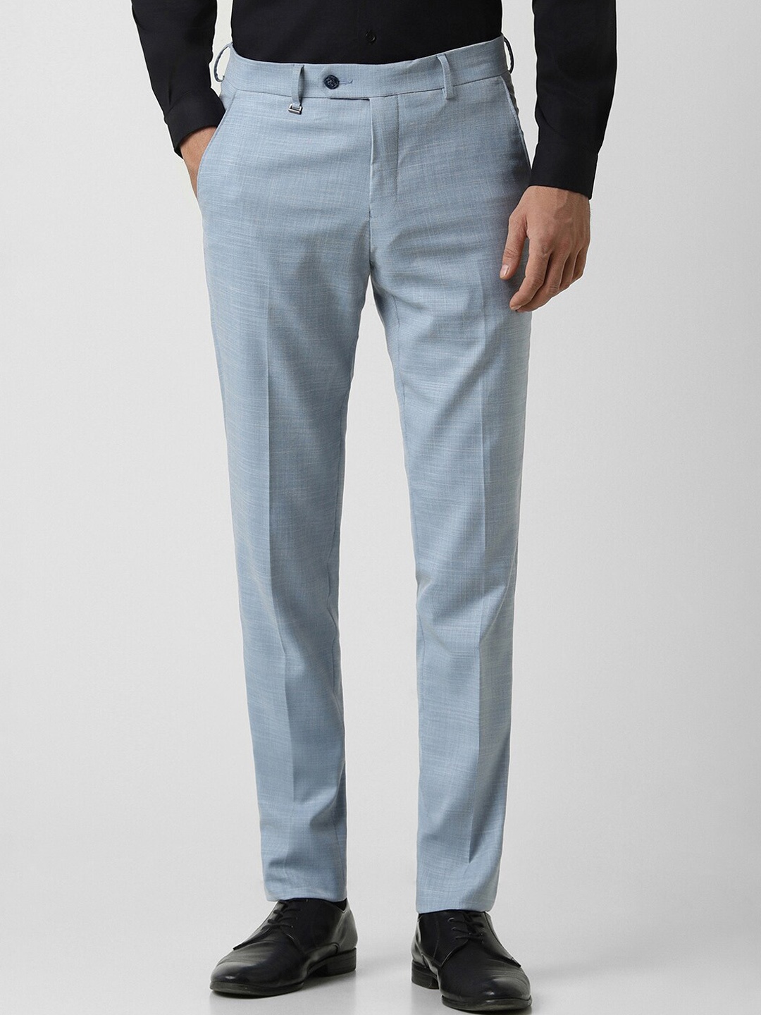 

Van Heusen Men Textured Slim Fit Mid-Rise Formal Trousers, Blue