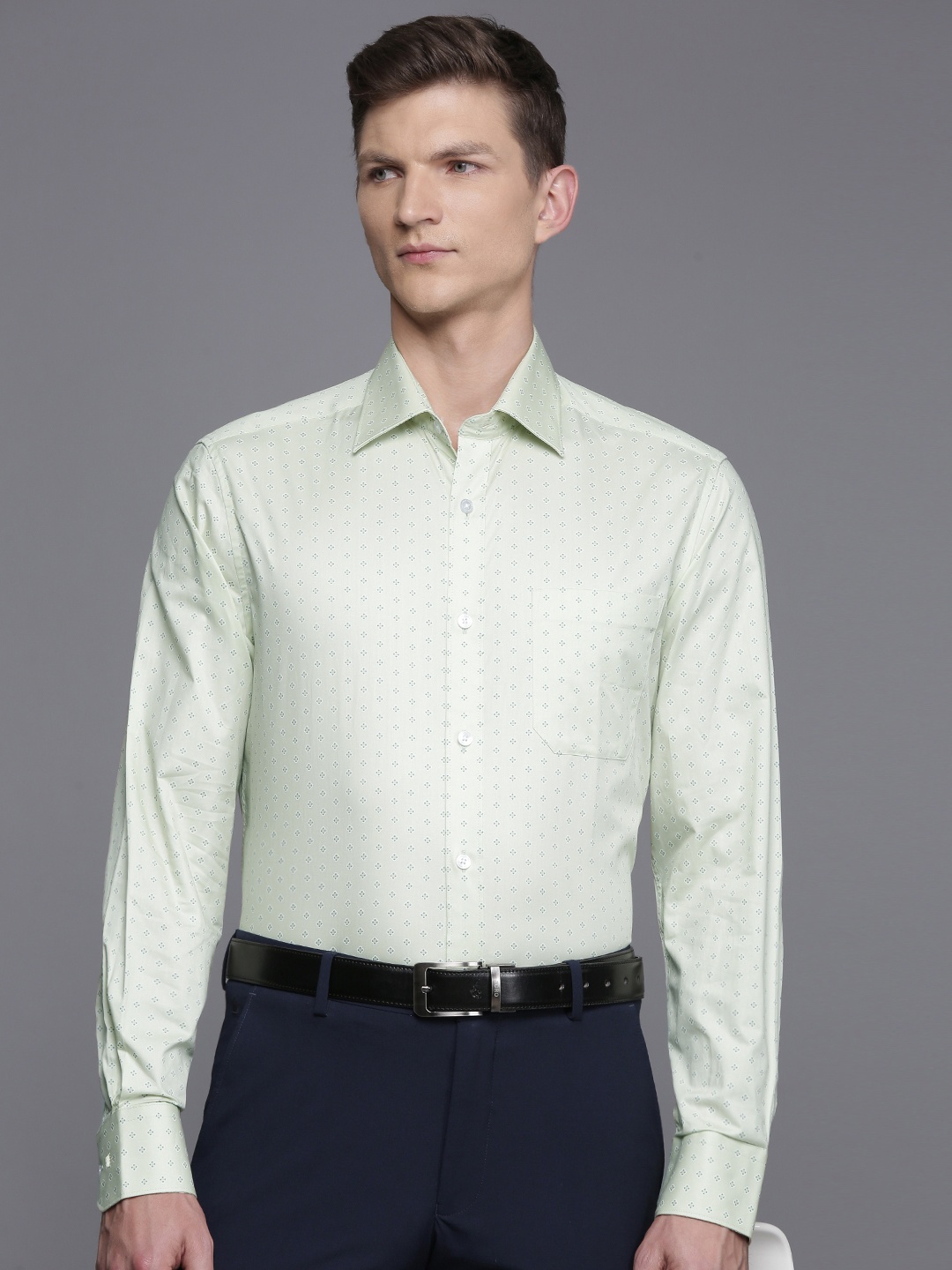 

Louis Philippe Classic Fit Printed Pure Cotton Formal Shirt, Green