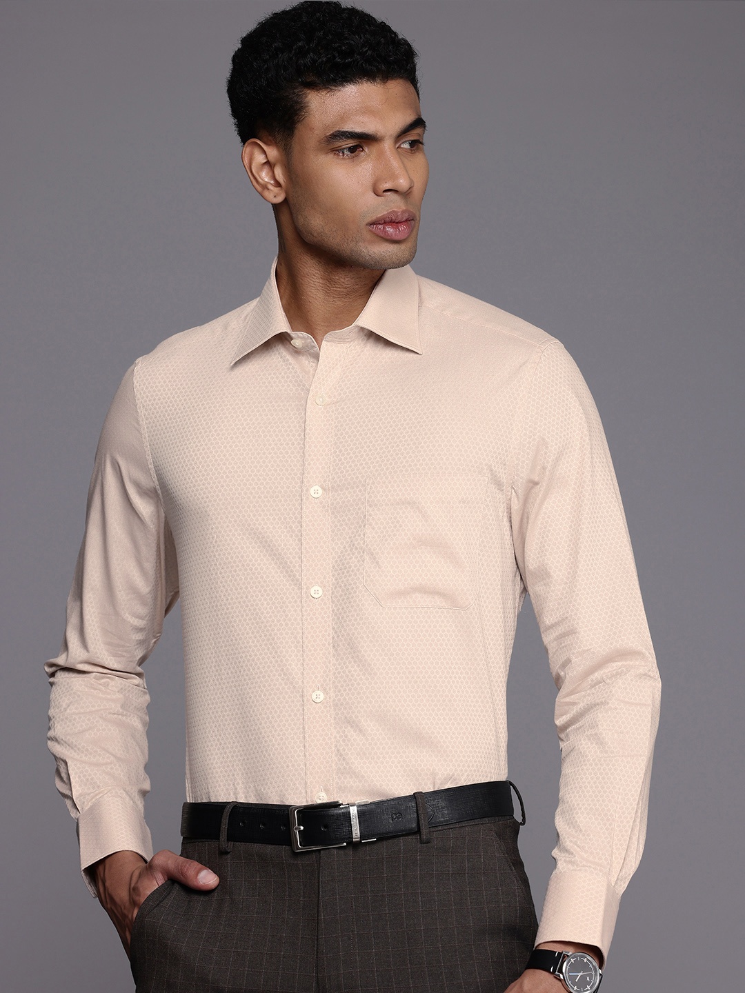 

Louis Philippe Pure Cotton Self Design Classic Fit Opaque Formal Shirt, Beige