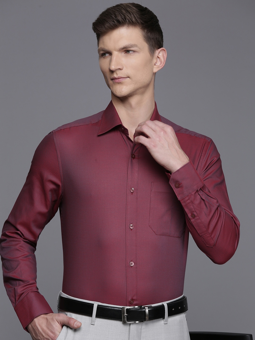 

Louis Philippe Pure Cotton Self Design Classic Fit Textured Formal Shirt, Red