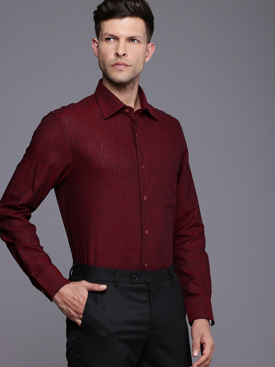 

Louis Philippe Self Design Classic Fit Cotton Linen Semiformal Shirt, Red