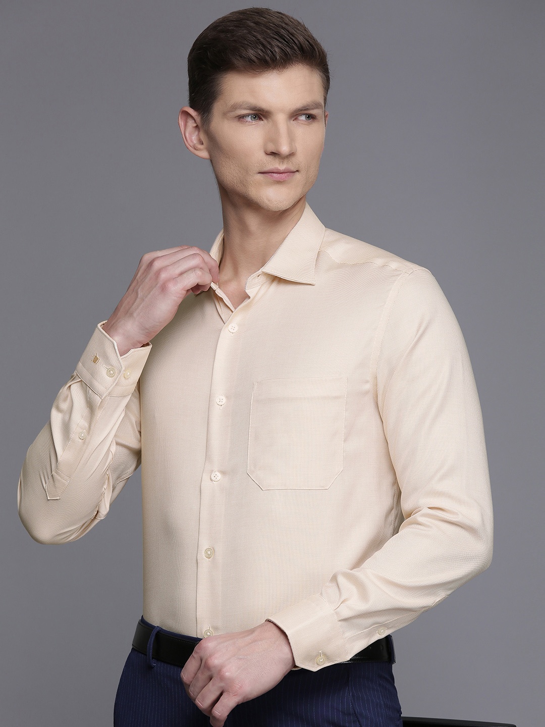 

Louis Philippe Pure Cotton Self Design Classic Fit Textured Formal Shirt, Peach