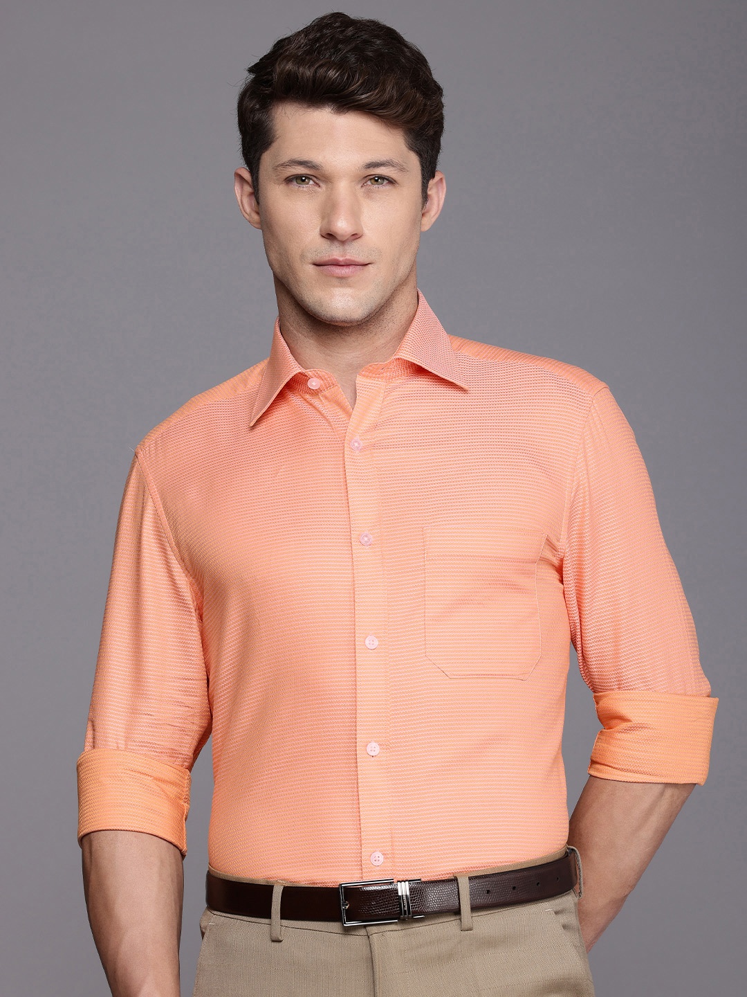 

Louis Philippe Classic Textured Pure Cotton Formal Shirt, Peach