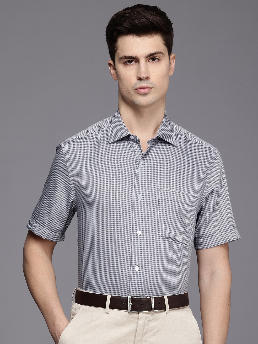 

Louis Philippe Pure Cotton Classic Fit Checked Formal Shirt, Black