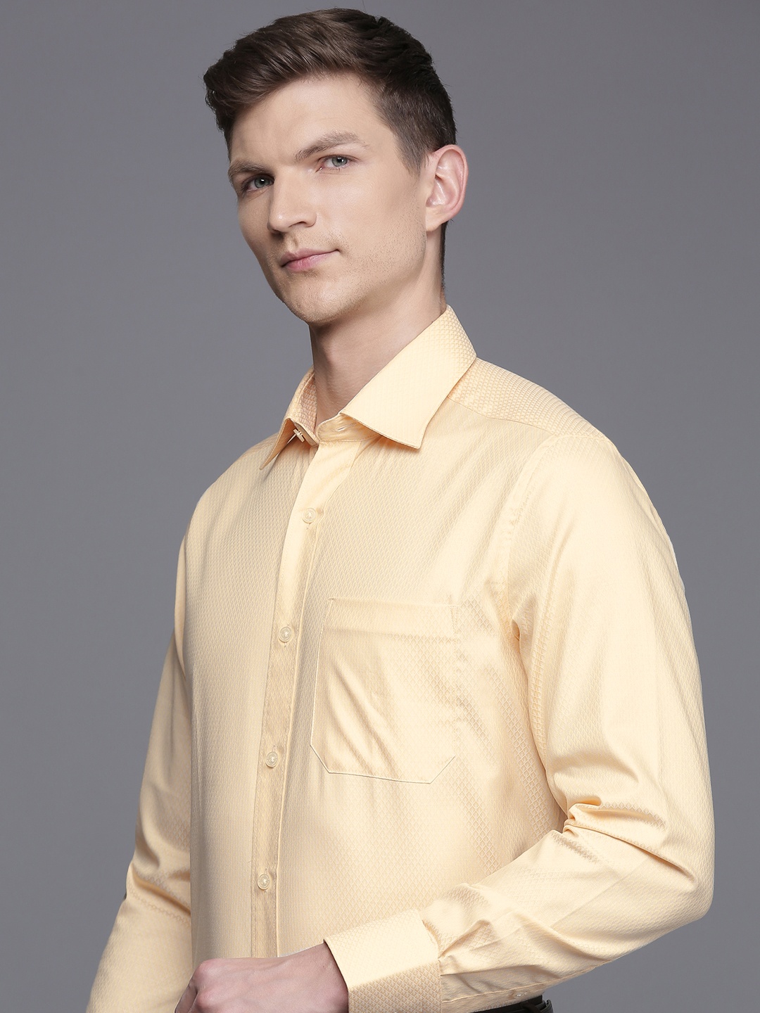 

Louis Philippe Pure Cotton Self Design Textured Classic Opaque Formal Shirt, Yellow