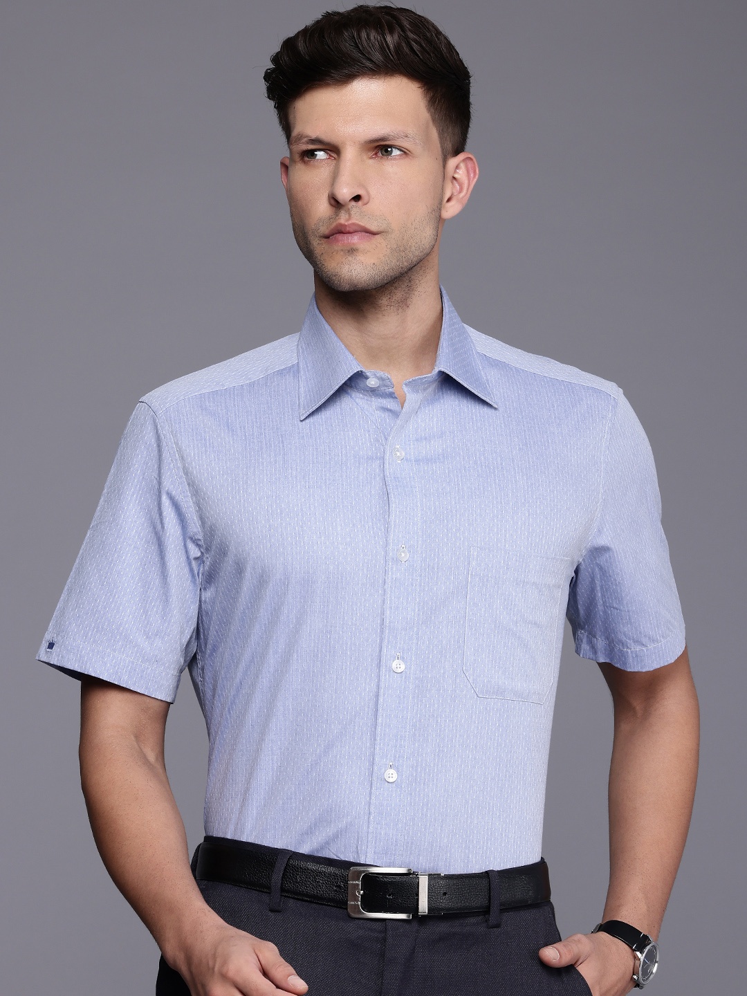 

Louis Philippe Pure Cotton Self Design Classic Fit Opaque Formal Shirt, Blue