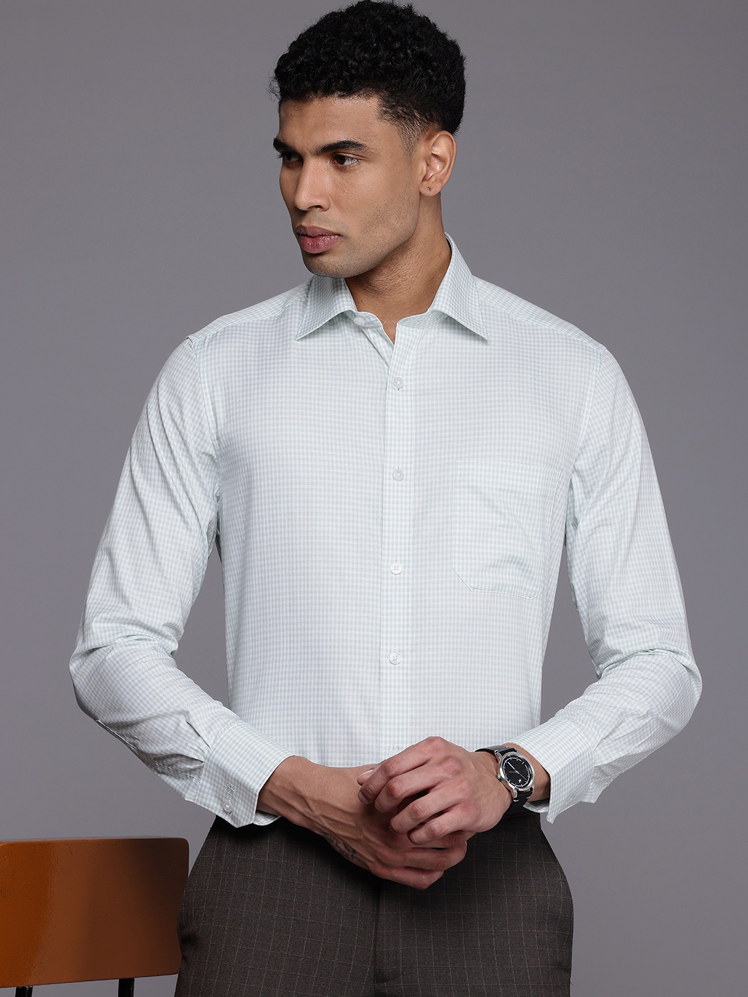 

Louis Philippe Classic Fit Gingham Checked Pure Cotton Semi-Formal Shirt, Sea green