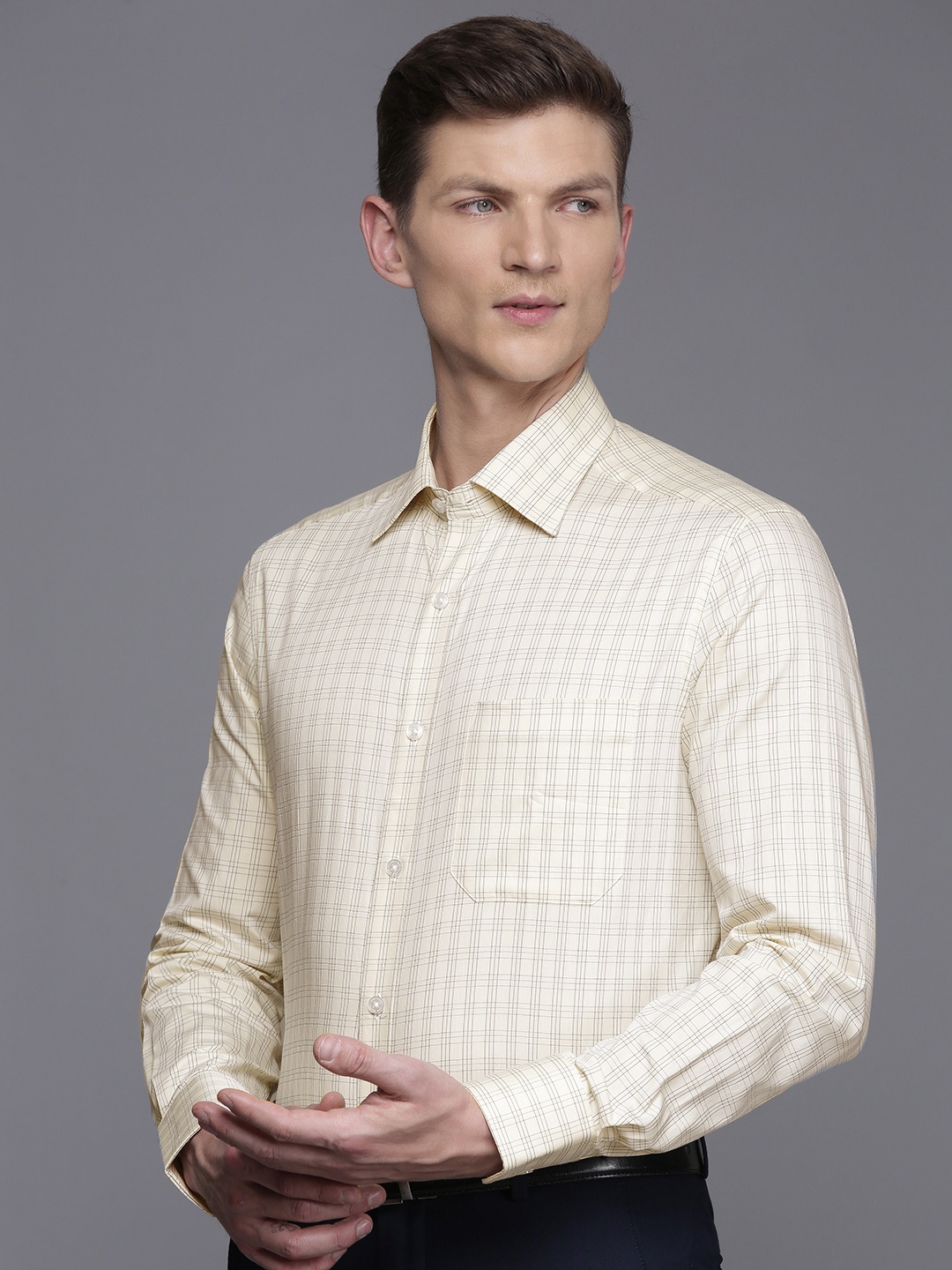 

Louis Philippe Classic Fit Checked Pure Cotton Formal Shirt, Yellow
