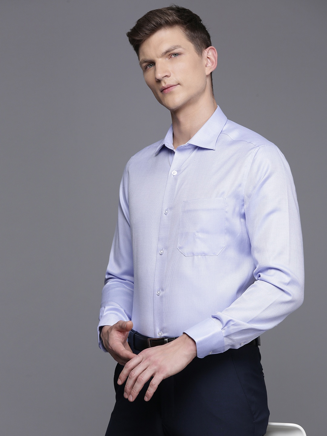 

Louis Philippe Pure Cotton Self Design Classic Fit Textured Formal Shirt, Blue