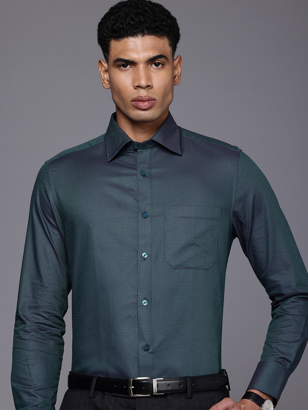 

Louis Philippe Self Design Classic Fit Dual-Toned Pure Cotton Formal Shirt, Green