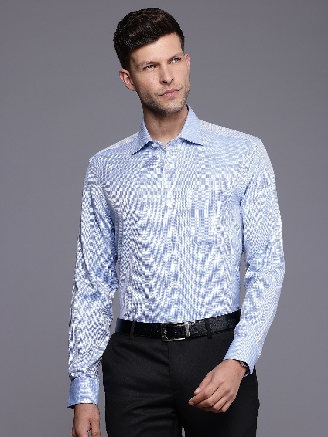 

Louis Philippe Pure Cotton Self Design Textured Classic Opaque Formal Shirt, Blue