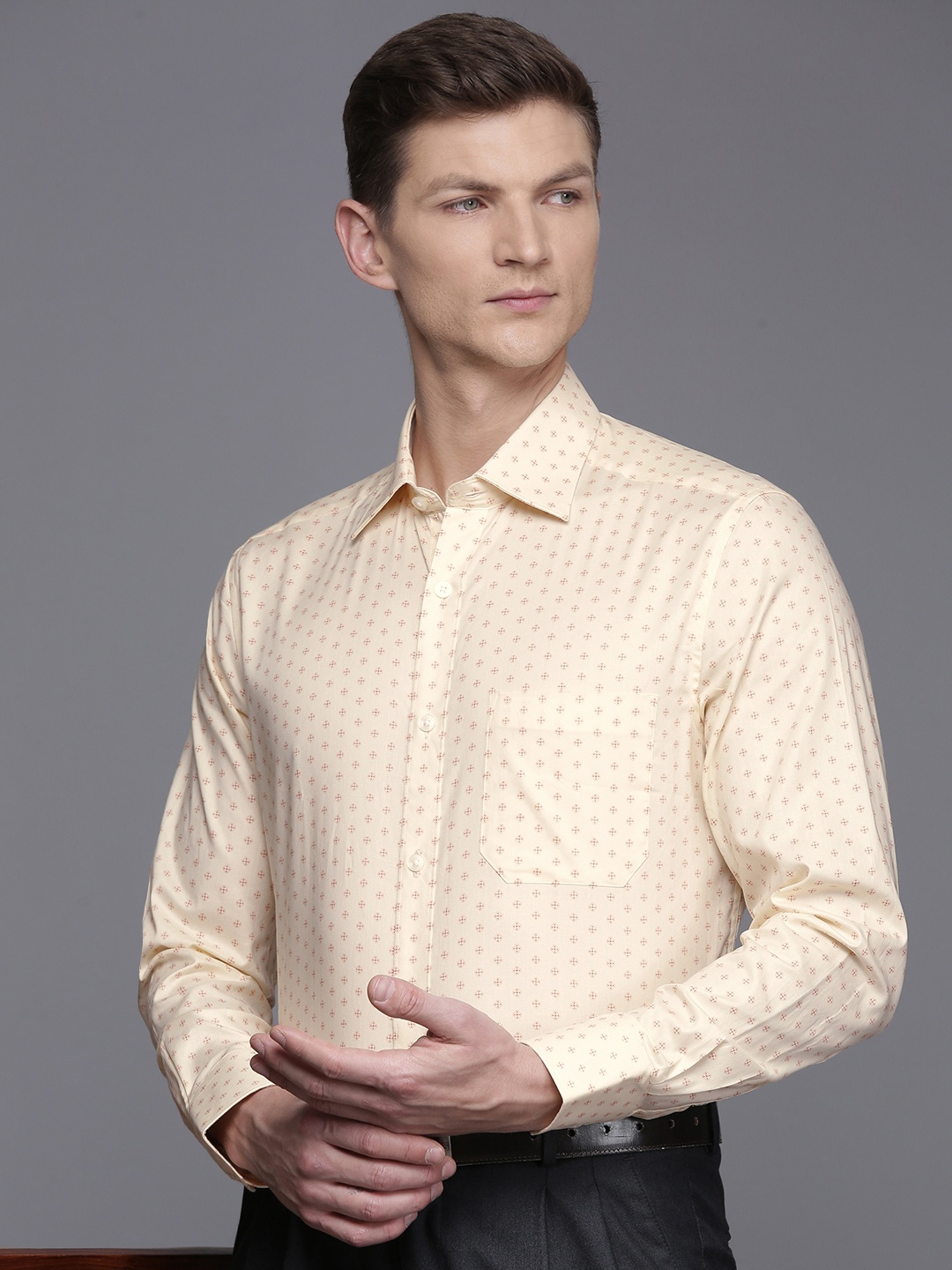 Louis Philippe Pure Cotton Classic Fit Opaque Printed Formal Shirt, Cream
