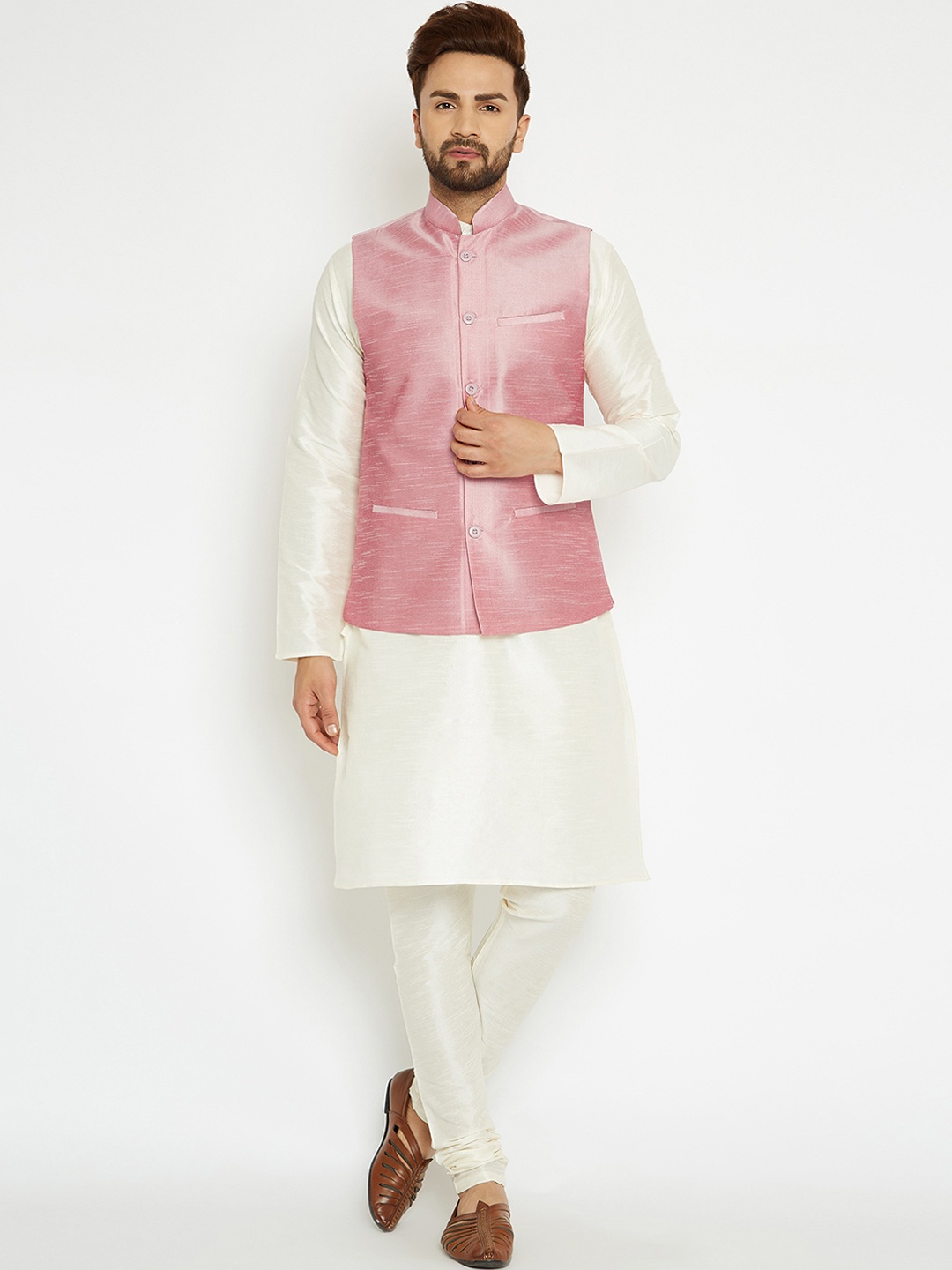 

SOJANYA Men Cream-Coloured & Pink Solid Kurta Pyjama with Nehru Jacket
