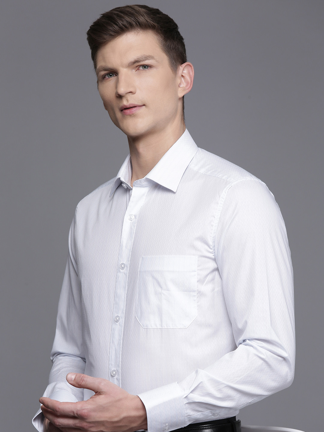 

Louis Philippe Pure Cotton Classic Fit Opaque Striped & Textured Formal Shirt, Blue