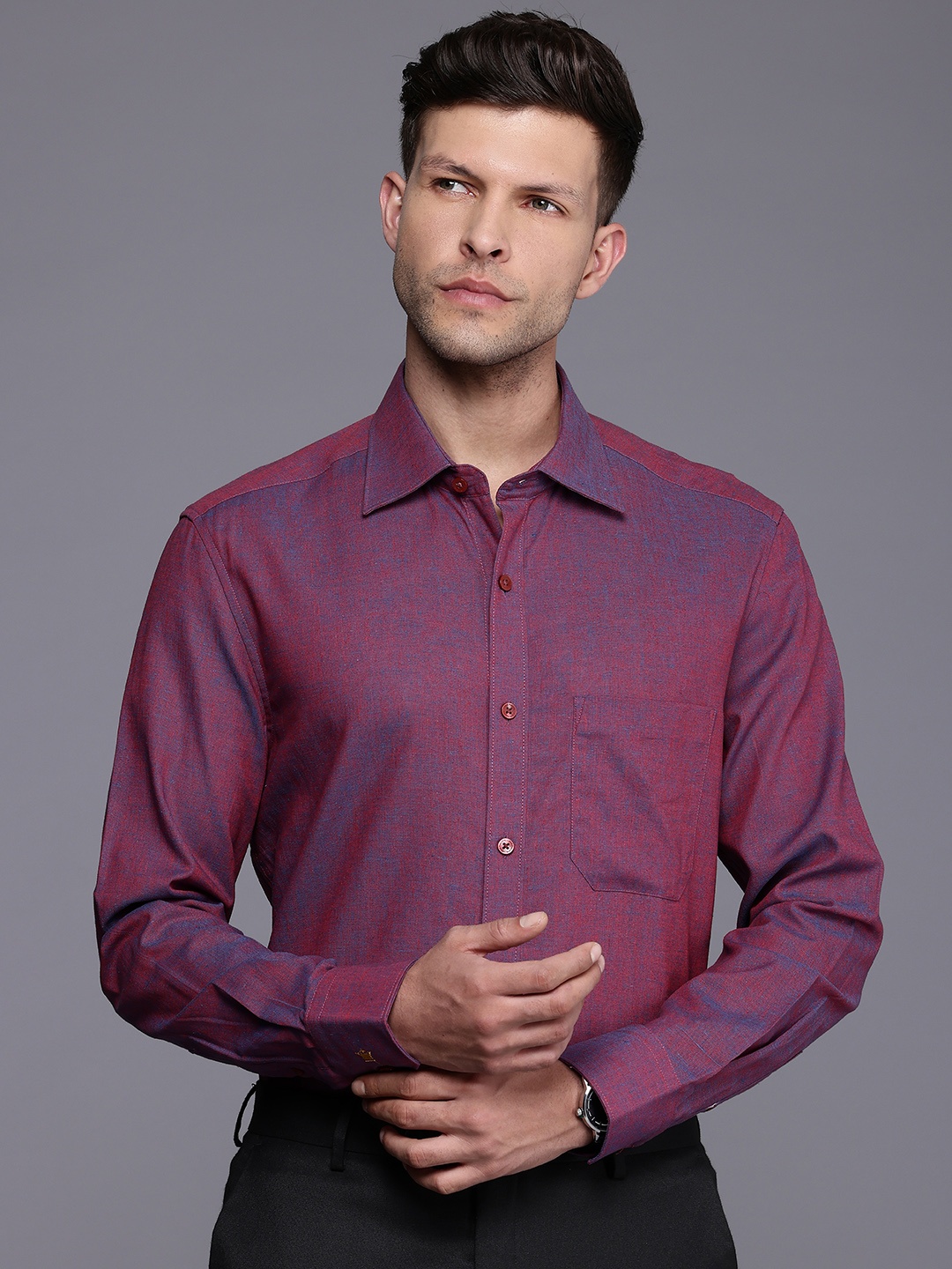 

Louis Philippe Self Design Classic Fit Dual-Toned Cotton Linen Semiformal Shirt, Burgundy