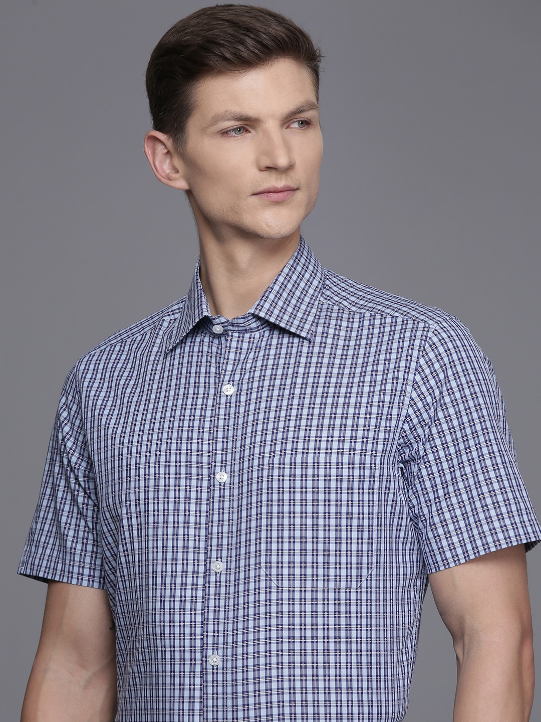 

Louis Philippe Classic Checked Pure Cotton Formal Shirt, Navy blue