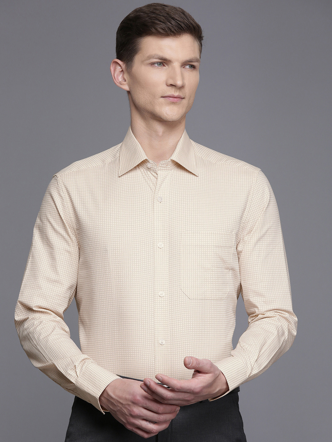 

Louis Philippe Pure Cotton Classic Fit Opaque Checked Formal Shirt, Beige