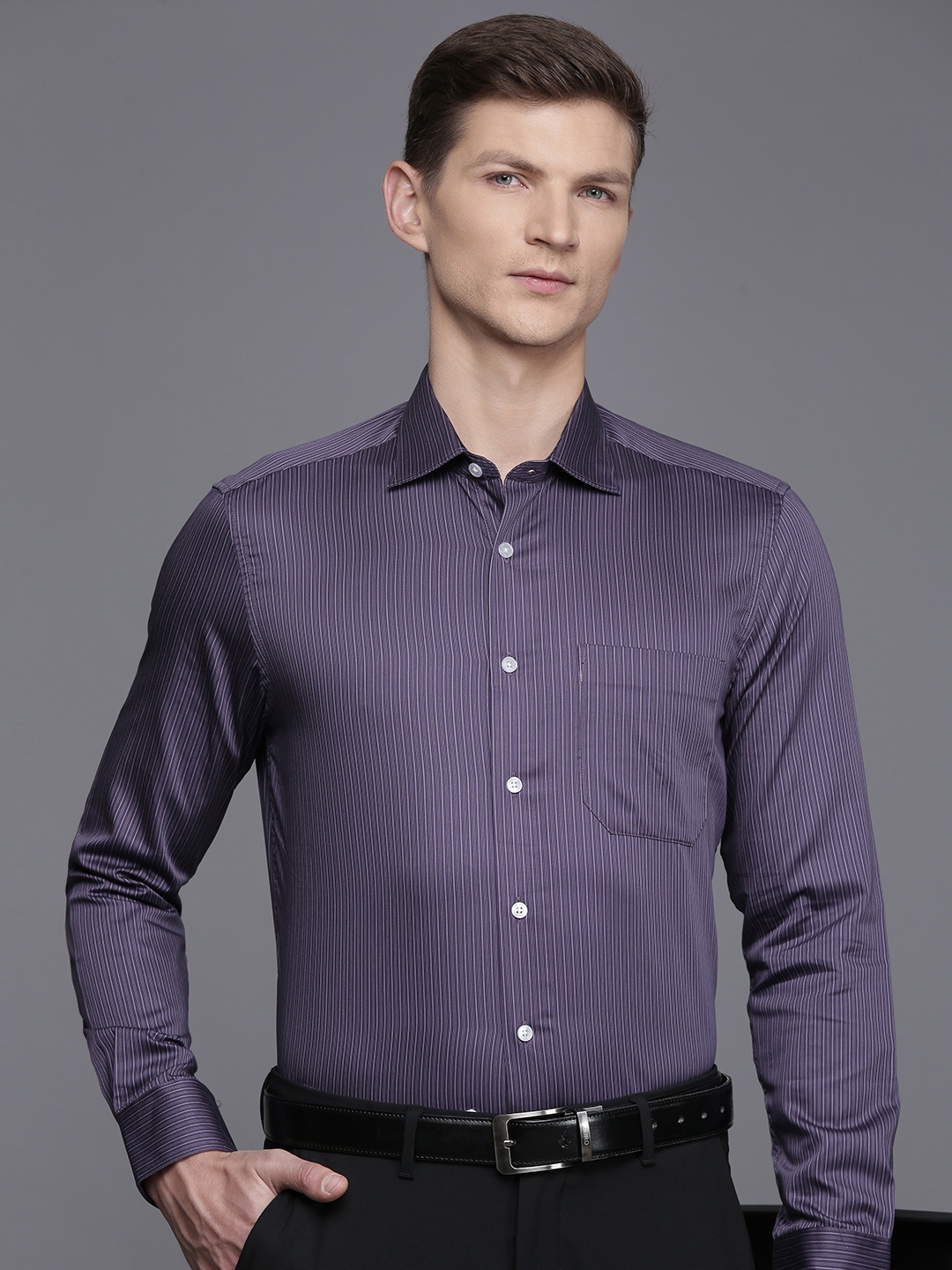 

Louis Philippe Pure Cotton Classic Opaque Striped Formal Shirt, Purple